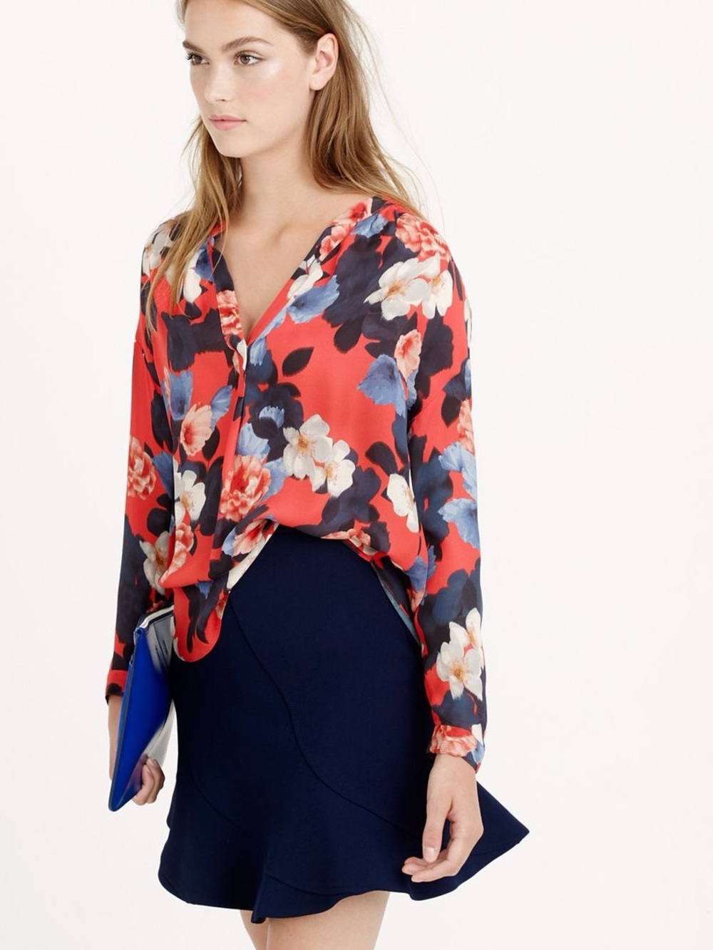 J. Crew Floral Red and Navy V-Neck Blouse